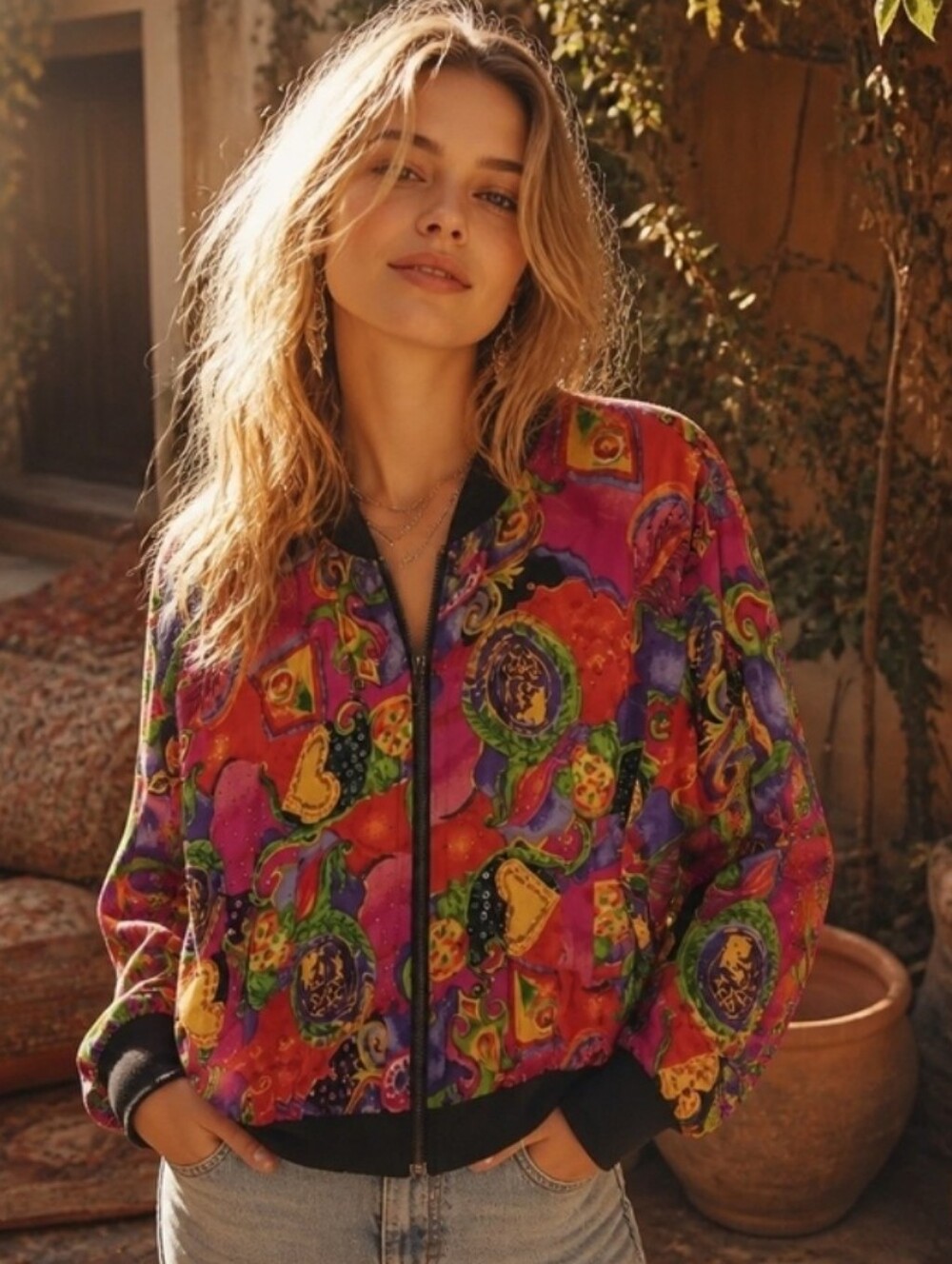 Bold Purple & Red Printed Bomber Jacket